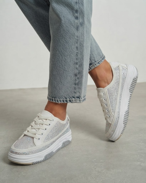 Resim Kadın Sneaker 4 Cm Taban Bağcıklı  Taş İşlemeli Kotnel Keten Spor Ayakkabı