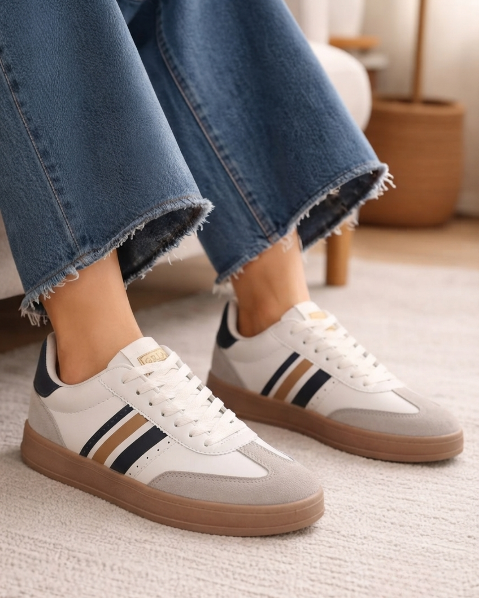 Resim Kadın Süet Yanı Çizgili Bağcıklı 2 Cm Taban Sneaker Spor Ayakkabı