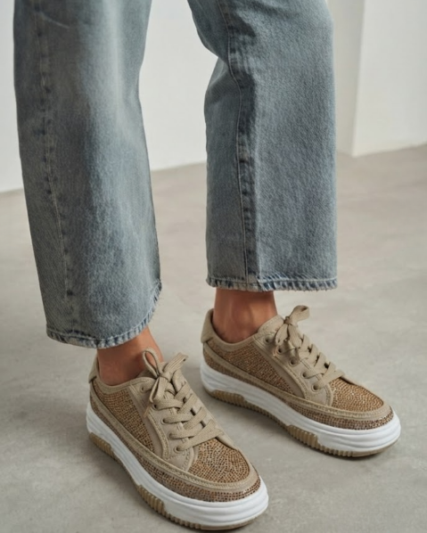 Resim Kadın Sneaker 4 Cm Taban Bağcıklı  Taş İşlemeli Kotnel Keten Spor Ayakkabı