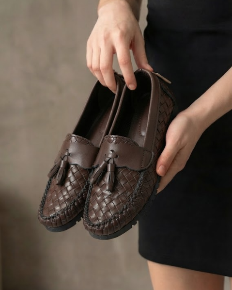 Resim Kadın Örgü Desenli Püsküllü Rahat Comfort Loafer Ayakkabı