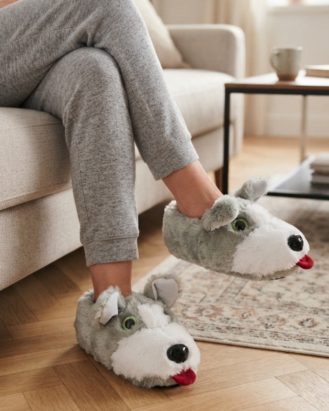 Resim Kadın Sevimli Hayvan Figürlü Kışlık Sıcak Tutan Peluş Ev Pandufu