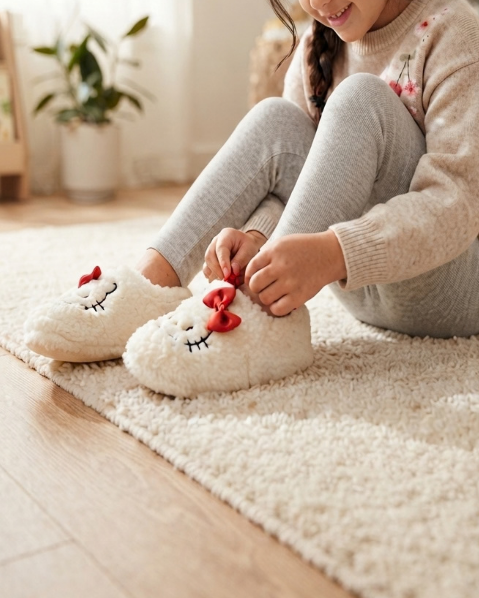 Resim Çocuk Sevimli Hayvan Figürlü Kışlık Sıcak Tutan Peluş Ev Pandufu