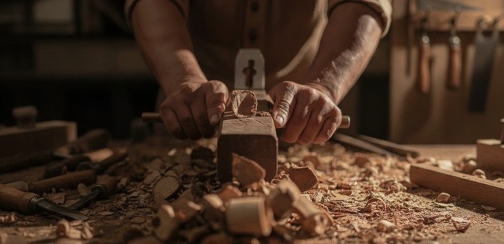 Atölyede teak mobilya üretim aşaması
